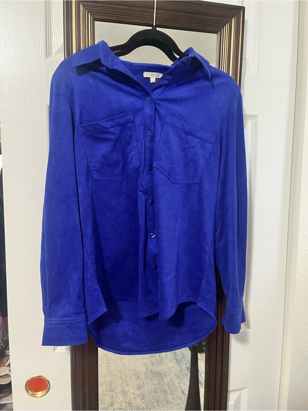 Faux Suede Tyler Boe blue button up shirt